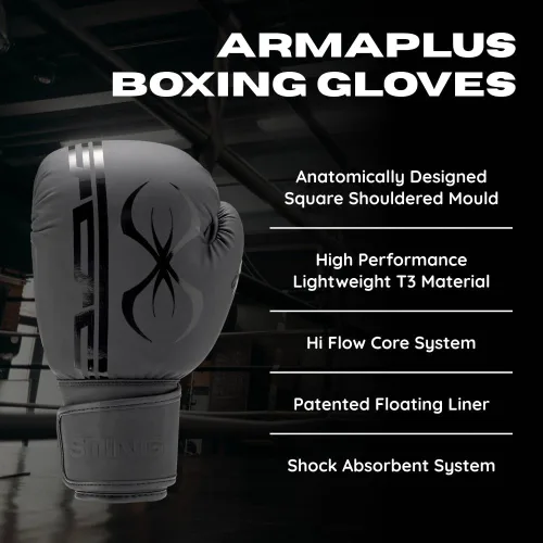 Vista 4 de Guantes de boxeo STING Armaplus Material exterior T3, sistema de revestimiento flotante, relleno de núcleo Hi Flow, correa de soporte de muñeca