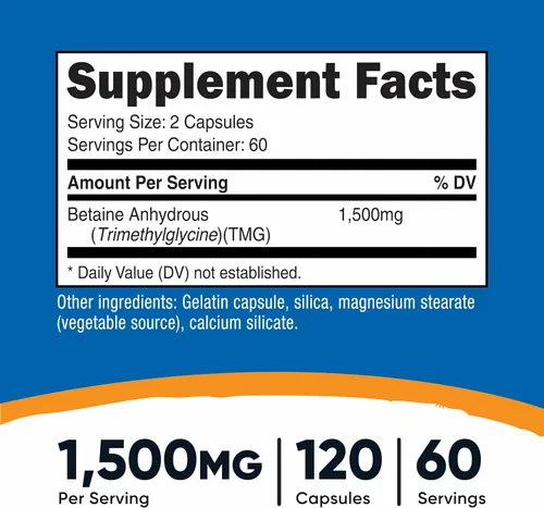Vista 2 de Nutricost Betaína anhidra Caps 1500mg, 60 porciones por botella (2 botellas)