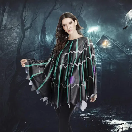 Vista 6 de ReneeCho Disfraz de poncho web para mujer, disfraz de vampiro de Halloween para adultos, araña, negro, cosplay, capa extragrande