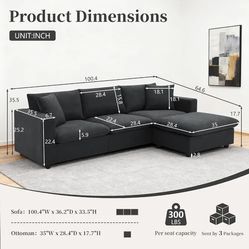 Vista 2 de Tmsan Sofá de nube en forma de L negro de 100.4 pulgadas, sofá modular moderno con diván otomano convertible para sala de estar, apartamento