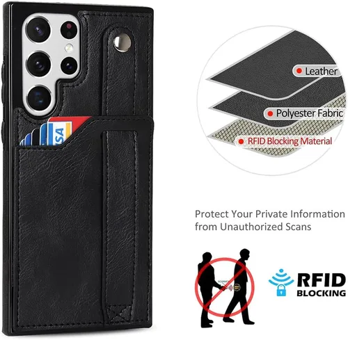 Vista 6 de Funda para teléfono Samsung Galaxy S22 Ultra 5G con protector de pantalla, correa de muñeca ajustable, atril, ranura para tarjetas de crédito
