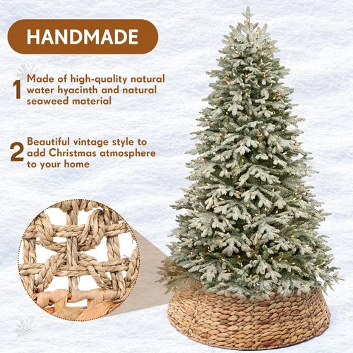 Vista 3 de Leyndo Collar de árbol de Navidad tejido de ratán para árbol de Navidad, base de árbol de Navidad rústico natural y jacinto de agua