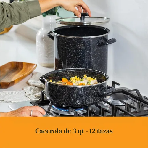 Vista 6 de Granite Ware Juego de utensilios de cocina de 3 piezas, olla de 8 cuartos de galón y cazuela de 3 cuartos con tapa de vidrio, negro moteado