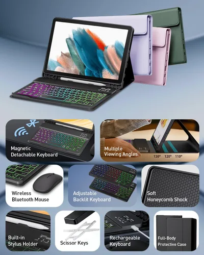 Vista 3 de Funda de teclado con mouse para Samsung Galaxy Tab A8 de 10.5 pulgadas 2022 (SM-X200/X205/X207), teclado ligero desmontable retroiluminado, funda