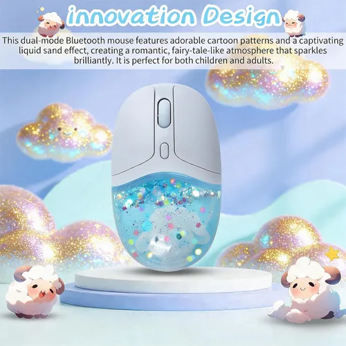 Vista 2 de elec Space Mouse inalámbrico Bluetooth - Bonito diseño de aguamarina transparente, mouse de agua de arena líquida con purpurina con precisión Azul