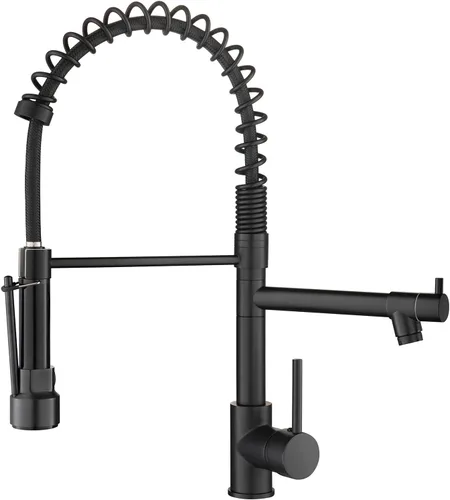 Vista 22 de AIMADI - Grifo de cocina, grifo de cocina negro y dorado con rociador, grifo de cocina estilo comercial de una sola manija, color negro mate, con un