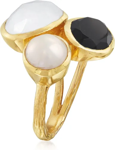 Vista 3 de Ross-Simons Onyx, Moonstone and 8mm Cultured Pearl Ring in 18kt Gold Over Sterling