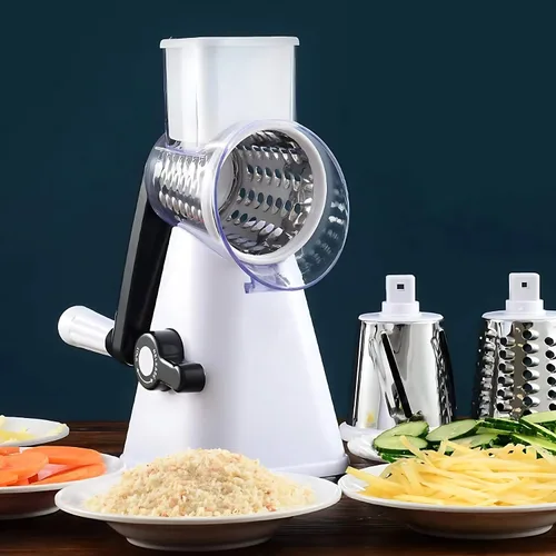 Vista 4 de Rallador rotativo de queso, rebanador de verduras de mandolina de cocina con 3 cuchillas intercambiables, fácil de limpiar rallador giratorio