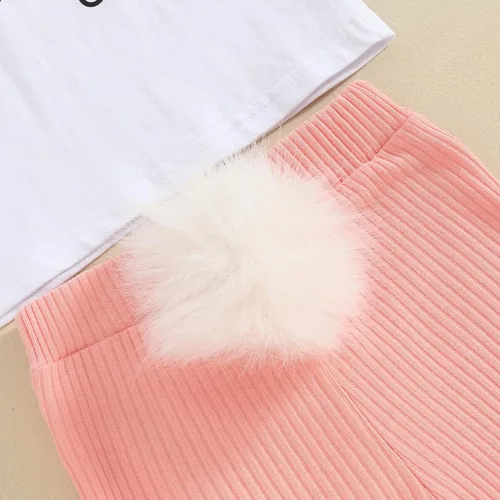 Vista 6 de Traje de verano para niñas pequeñas, camiseta de manga corta con estampado de fresa, pantalones acampanados, diadema, 3 piezas