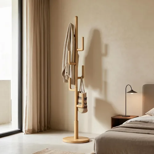 Vista 2 de Perchero independiente de madera maciza de cactus con 6 ganchos en forma de L y 3 tamaños ajustables, perchero para dormitorio, entrada, sala