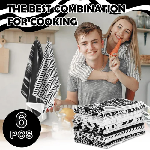 Vista 3 de Redbaker Juego de 6 toallas de cocina en blanco y negro con línea de arte abstracto, paños de cocina florales, paños de cocina modernos de mediados