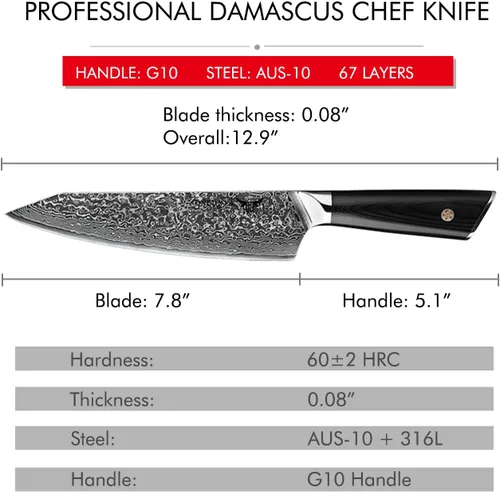 Vista 3 de ONEONTA Cuchillo de chef japonés de 8 pulgadas, cuchillo de cocina de Damasco profesional, acero japonés AUS-10V, mango G10, 67 capas