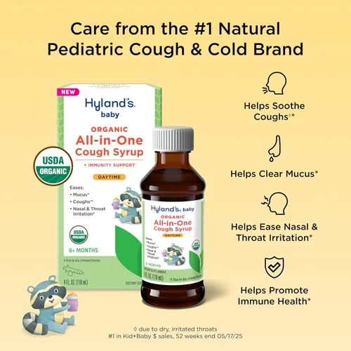 Vista 3 de Hyland's Baby Organic - Jarabe para la tos diurna todo en uno + apoyo inmunológico con saúco, vitamina C y zinc, 4 onzas líquidas
