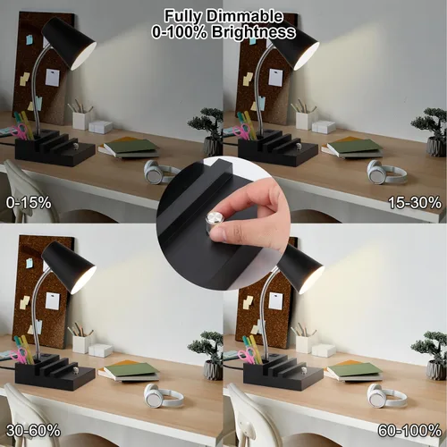 Vista 3 de LALISU Lámpara de escritorio de estudio con carga USB y luz nocturna tipo C, lámpara de mesa LED de cuello de cisne, lámpara de mesa de estudio