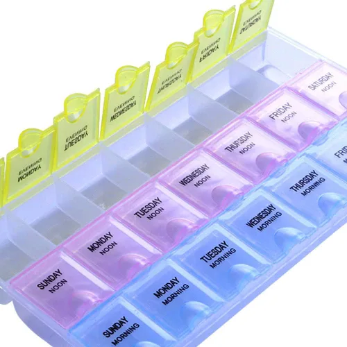 Vista 2 de INVODA Pastillero semanal de 7 días con recordatorio de medicamentos, organizador de píldoras, mañana, mediodía, noche, diario, 21 compartimentos
