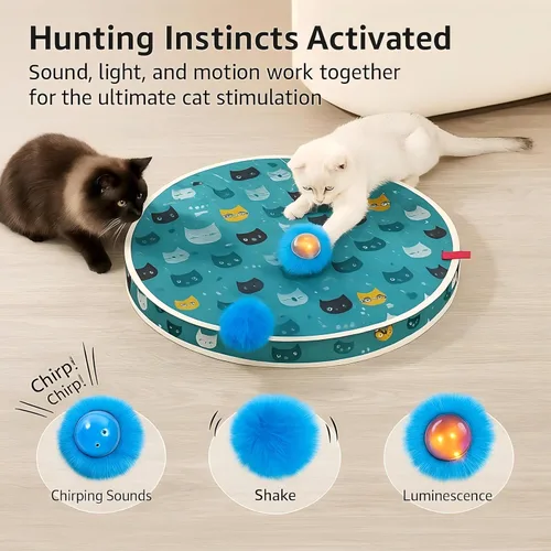 Vista 3 de Juguetes interactivos para gatos, tapete de juego con bolas de movimiento automático, luces LED, sonido de canto de pájaro, 3 niveles de velocidad