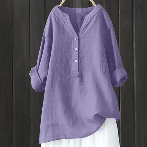 Vista 2 de Ceboyel Camisas de algodón y lino para mujer, blusa de verano con botones, manga enrollable, túnica de moda bohemia para mujer 2023