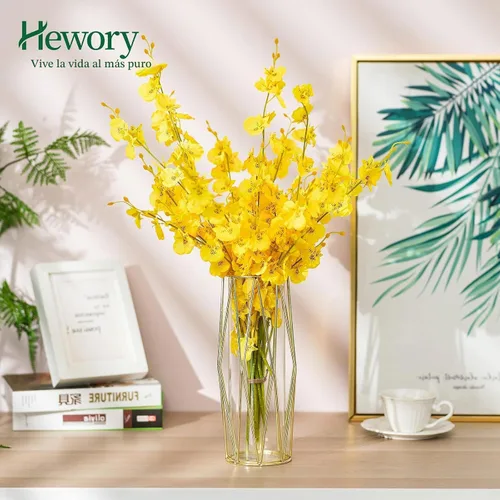 Vista 3 de Hewory - Jarrones de flores modernos dorados para centros de mesa, jarrones de vidrio de 11 pulgadas con soporte de metal, jarrones geométricos
