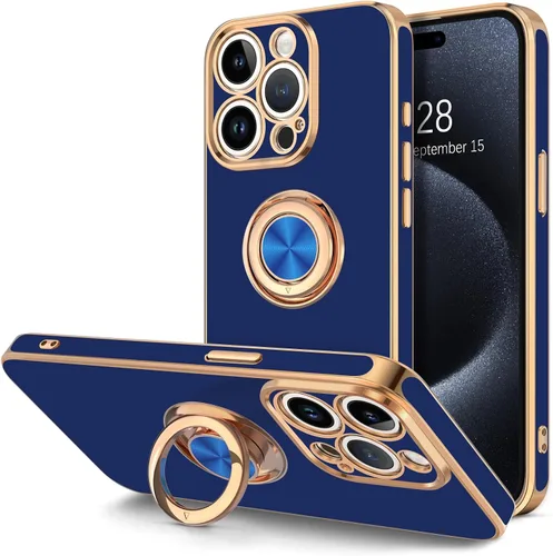 Vista 14 de Hython Funda para iPhone 15 con Soporte de Anillo, Soporte de Anillo Giratorio de 360° Soporte Magnético, Borde Chapado en Oro Rosa Cubierta Suave