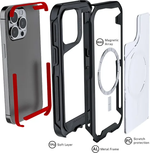 Vista 3 de Ghostek ATOMIC - Funda delgada iPhone 13 Pro, parachoques de metal negro con anillo MagSafe transparente en la parte trasera, protección resistente