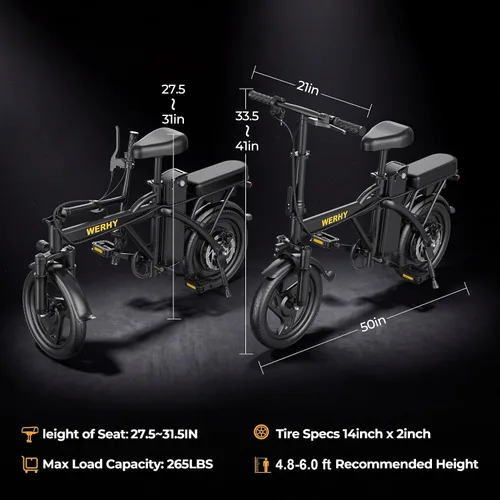 Vista 4 de WERHY Bicicleta eléctrica para adultos, motor de 500 W, bicicleta eléctrica plegable de velocidad máxima de 20 MPH, bicicletas eléctricas de 14