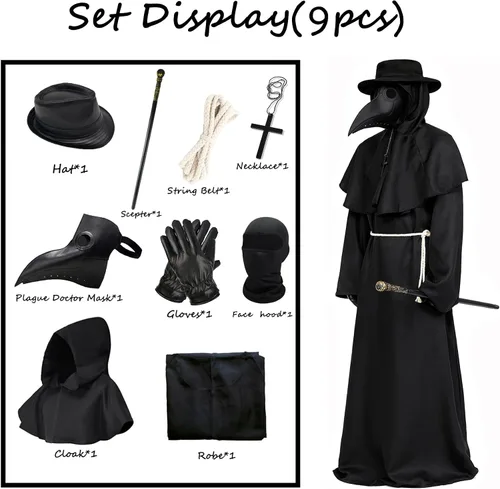Vista 2 de Adult Unisex 9PCS Plague Doctor Costume with Mask Gloves Hat Necalace Scepter