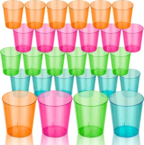 Vista 4 de DecorRack - Vasos de chupito de neón de 2 onzas, vasos de plástico para fiestas (paquete de 120)