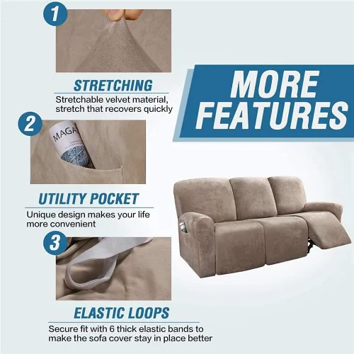 Vista 4 de Fundas elásticas para sillón reclinable, de terciopelo de lujo, para sofá reclinable de 3 cojines, funda para sofá reclinable súper suave, protector