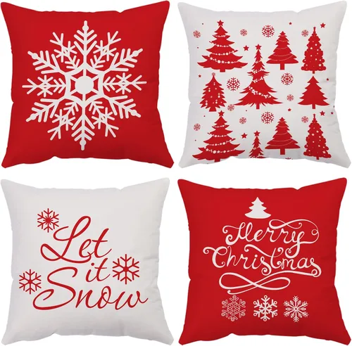 Vista 18 de Juego de 4 fundas de almohada de Navidad de 12 x 12 pulgadas, fundas de almohada de terciopelo de Navidad, fundas de almohada doradas y rojas