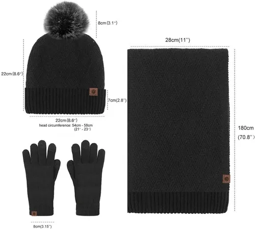 Vista 32 de Bufanda de punto de lana, gorro de esquí, guantes táctiles para invierno, para mujer y hombre