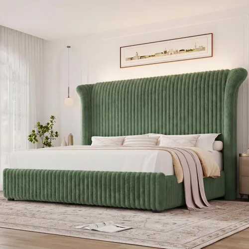 Vista 9 de Marco de Cama Queen con Cabecera Alta Tipo Ala de Piel Sintética de 54", Cama Plataforma Tapizada con Luz LED, Base de Colchón con Soporte