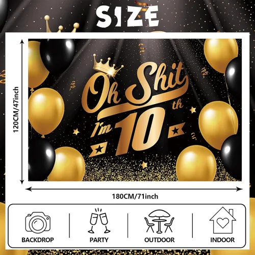 Vista 2 de Oh S*hit I'm 10th Banner telón de fondo negro dorado globos corona confeti Hallo Quince Cheers to 10 años decoración temática decoración para hombre
