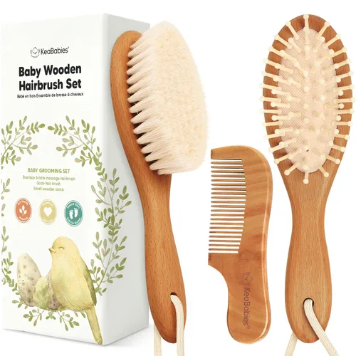 Vista 12 de Juego de cepillo y peine para cabello de bebé para recién nacidos - Juego de cepillos de madera para cabello de bebé con cerdas suaves de cabra