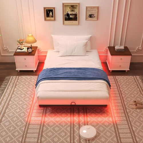 Vista 7 de Awesofurni Base de Cama Flotante de Tamaño Individual, Base de Cama Individual con Luces LED Inteligentes, Base de Cama Moderna de Metal Resistente
