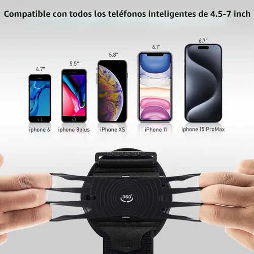 Vista 2 de Soporte de teléfono para correr, brazaletes de antebrazo giratorio de 360° y desmontable, compatible con todos los teléfonos celulares de 4.5 a 7