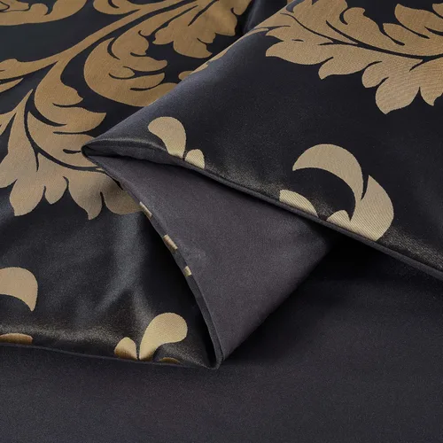 Vista 8 de Chezmoi Collection Juego de edredón floral de jacquard Royale de 7 piezas, matrimonial/doble, negro/dorado