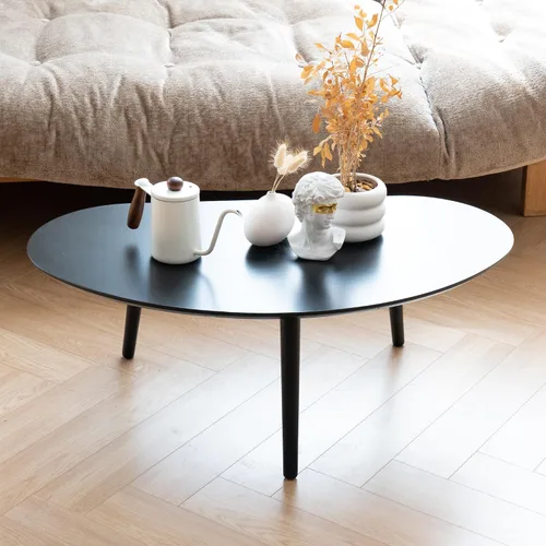 Vista 9 de Mesa auxiliar ovalada pequeña de mediados de siglo moderna para sala de estar, mesa central, mesa de centro de madera maciza, madera natural