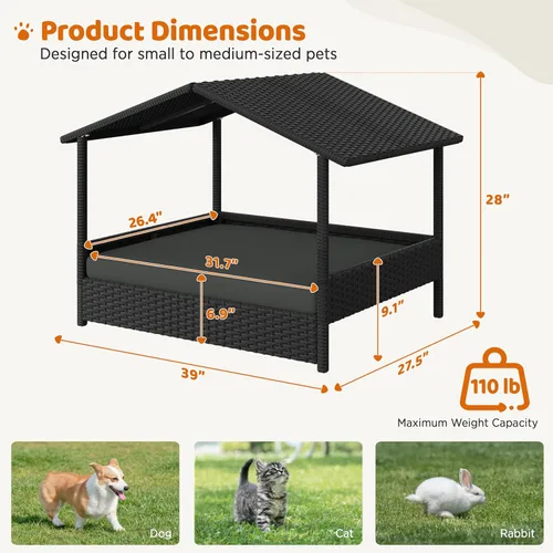 Vista 3 de Yaheetech - Casa de mimbre para perros con toldo, color negro y gris Cama elevada para perros con cojín para perros pequeños/medianos, sombra