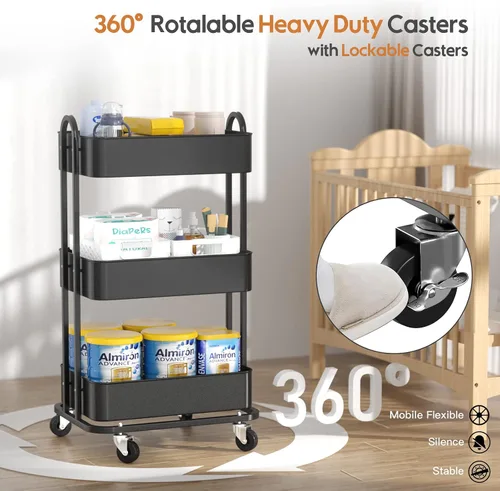 Vista 5 de Ceayell - Carrito de almacenamiento rodante de metal de 3 niveles, organizador de utilidades de carga pesada con ruedas con cerradura, color negro