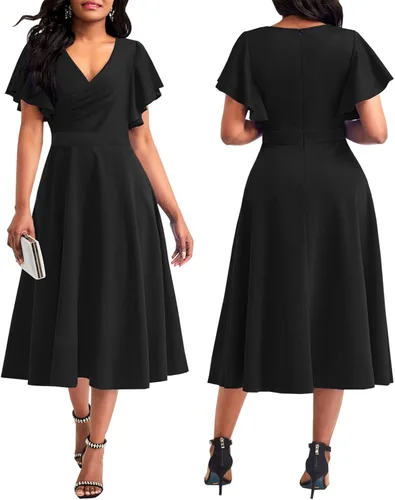 Vista 6 de shengfan Vestido largo de verano de manga corta para mujer, estilo casual, cuello en V profundo, vestido largo acampanado para fiesta de club