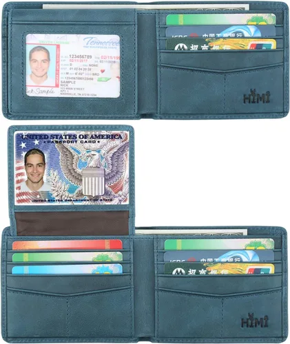 Vista 14 de Cartera de piel auténtica para hombre, con bloqueo RFID, plegable, elegante, con 2 ventanas de identificación Negro