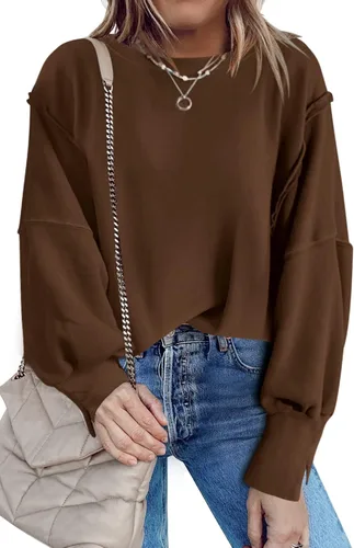 Vista 2 de Nirovien Sudadera de cuello redondo de gran tamaño para mujer, con abertura lateral, manga larga, ajuste holgado