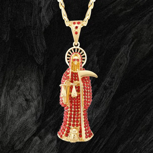 Vista 7 de Collar de Santa Muerte con diamante chapado en oro de 14 quilates con colgante de Santa Muerte con hoz regalo de vacaciones, Cobre + acero