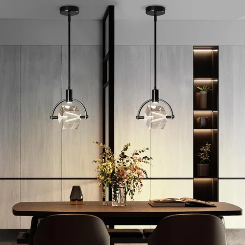 Vista 2 de Lámpara colgante de techo para isla de cocina, moderna mini luz colgante LED integrada, lámpara colgante de cristal en negro, dormitorio, comedor