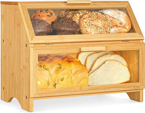 Vista 6 de Caja de pan de bambú para encimera de cocina, gran contenedor de alimentos de madera con tapa enrollable, vintage, para guardar bagels, muffins