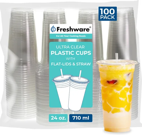 Vista 10 de Freshware Vasos de plástico desechables transparentes de 12 onzas con tapas planas y popotes, paquete de 100 vasos de plástico transparente, vasos