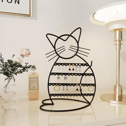 Vista 2 de Urban Deco Soporte Organizador de Joyas en Forma de Gato, Organizador de Aretes de Metal con 48 Agujeros para Pendientes, Organizador de Exhibición