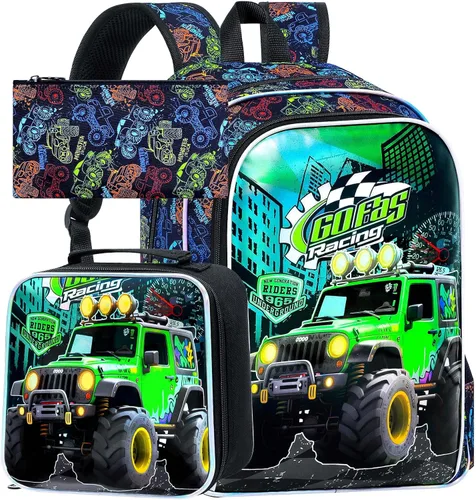 Vista 13 de gxtvo Mochila para niños de 3 piezas, 16 pulgadas con lonchera, resistente al agua, para preescolar, Astronauta Cohete Azul, Tamaño único, Impresión