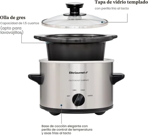 Vista 5 de MaxiMatic Elite Gourmet olla de cocción lenta de 1.5 qt, Plateado Tapa de cristal ajustable apta para lavavajillas, ideal para entradas, salsas