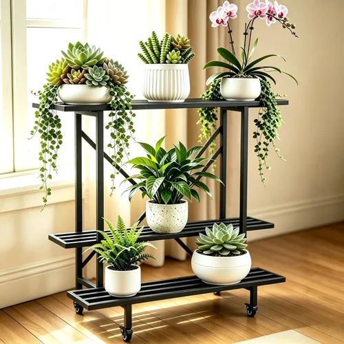 Vista 10 de Zhongma Soporte para plantas de 3 niveles que ahorra espacio, resistente para balcón, hogar, jardín, soporte de metal resistente para plantas